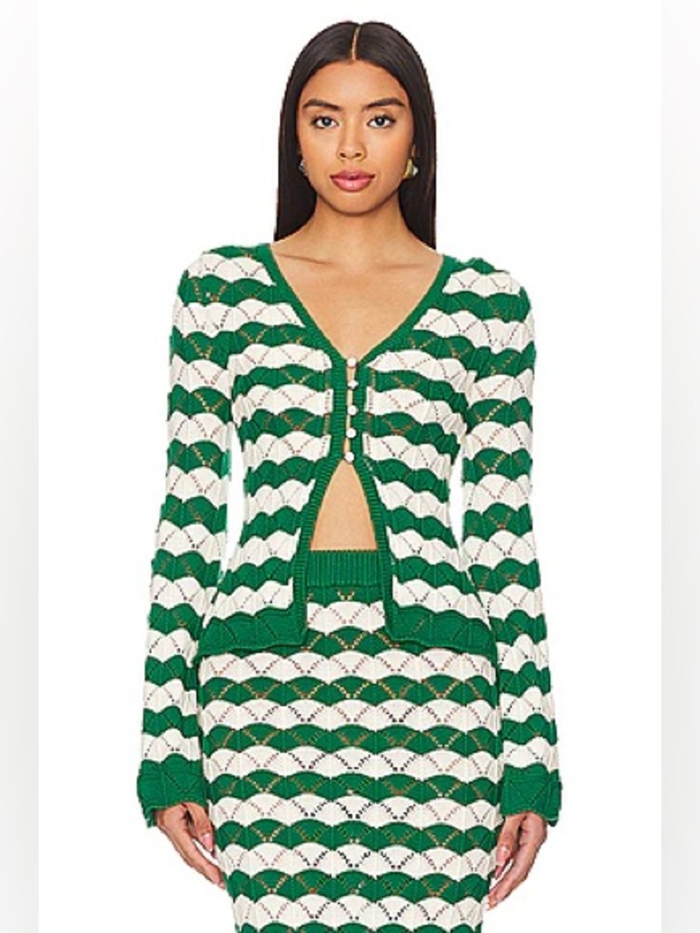 MISA Los Angeles Nelly Crochet Cardigan Green Ivory Stripe Size S